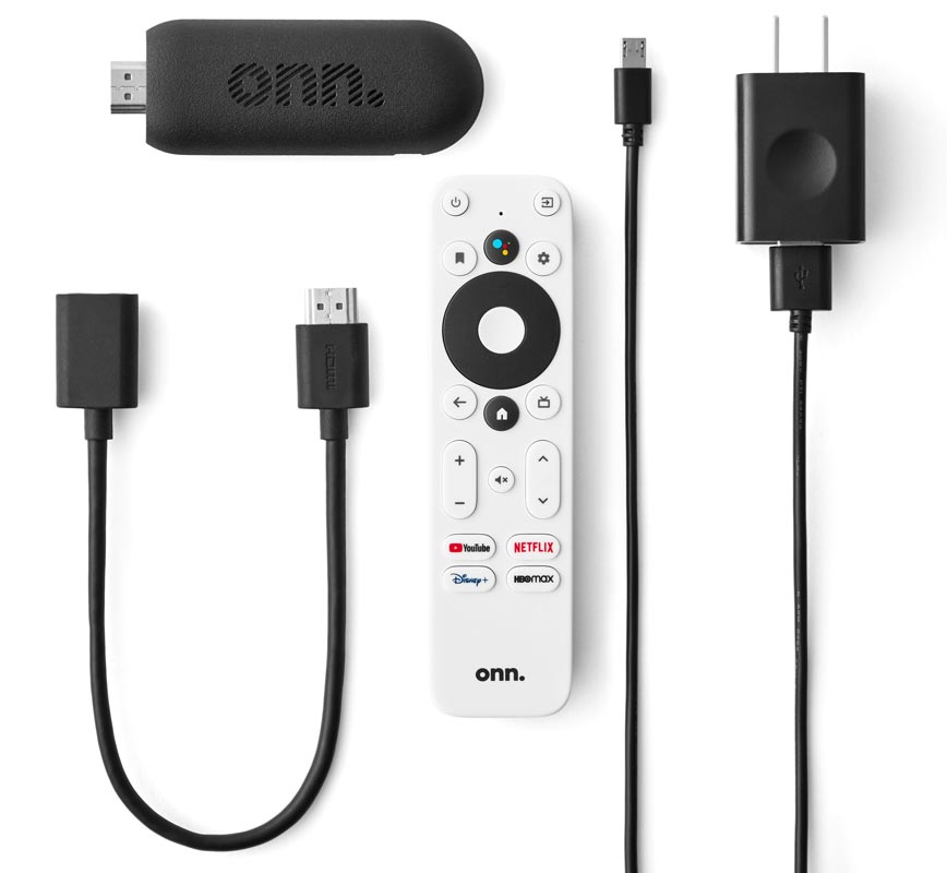 Onn Android TV Stick con control remoto y enchufe