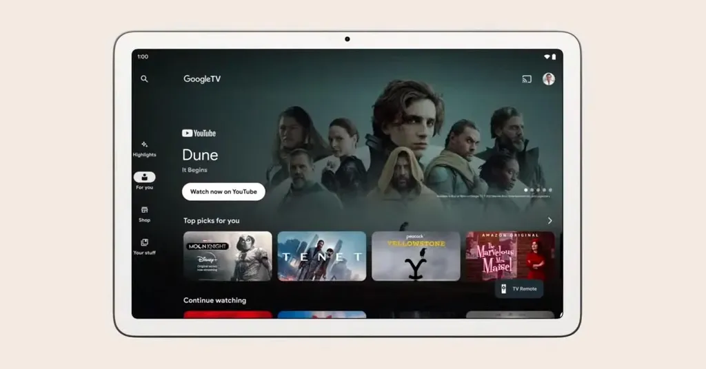 Interfaz de usuario de la aplicación Google Android Tablet TV