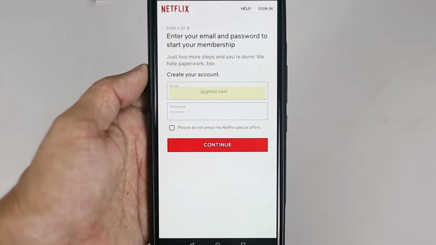Página de registro de la cuenta de Netflix en la aplicación móvil